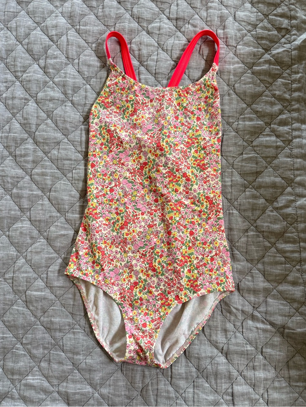 Boden Girls' Pink Floral One-Piece Swimsuit with Coral Straps